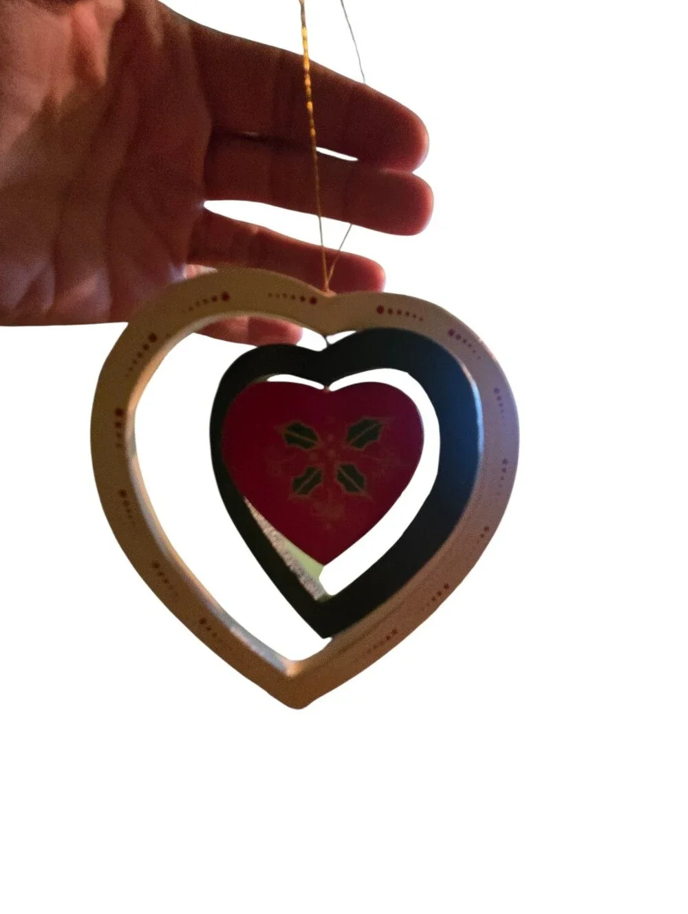 pair vintage wooden spinning heart Christmas ornaments Folk-Art Nordic